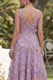 Vestido midi floral con cuentas con escote en V de tul lila y escote en V