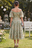 Vestido midi floral de tul con abalorios de tul azul aplicado y con abalorios