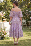 Vestido midi floral de tul con abalorios de tul azul aplicado y con abalorios