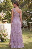 Vestido largo floral con estreno de tul lila lila de un hombro aplicado con cuentas y abertura