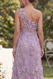 Vestido largo floral con estreno de tul lila lila de un hombro aplicado con cuentas y abertura