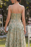 Vestido midi floral midi de tul verde polvoriento de corsé con cuentas en línea A