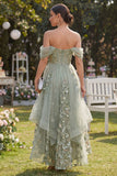 Vestido midi floral de corsé verde en línea A con líneas polvorientas y de organza descubierto