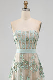 Vestido midi floral midi de corsé con contas de tul verde polvoriento