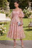 Vestido midi floral midi de tul con abalorios y línea de hombros descubiertos de naranja rosa naranja