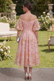 Vestido midi floral midi de tul con abalorios y línea de hombros descubiertos de naranja rosa naranja