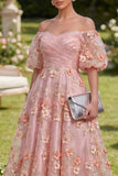 Vestido midi floral midi de tul con abalorios y línea de hombros descubiertos de naranja rosa naranja