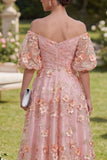 Vestido midi floral midi de tul con abalorios y línea de hombros descubiertos de naranja rosa naranja