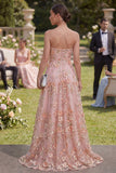 Vestido floral largo con cuentas aplicado en tul rosa naranja y abertura
