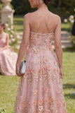 Vestido floral largo con cuentas aplicado en tul rosa naranja y abertura