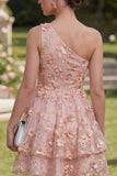 Mini vestido floral de tul con cuentas de un solo hombro rosa naranja