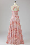 Vestido largo floral con collar de cuentas y tul rosa naranja A-line
