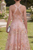 Vestido largo floral con collar de cuentas y tul rosa naranja A-line