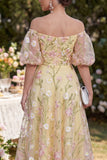 Mangas abullonadas amarillo claro Vestido Midi de línea A