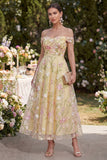Amarillo claro Una línea de hombros Vestido largo con flores