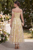 Amarillo claro Una línea de hombros Vestido largo con flores