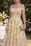 Amarillo claro Una línea de hombros Vestido largo con flores