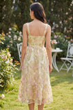 Vestido Midi de cuello cuadrado floral amarillo claro Línea A