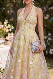 Vestidos midi florales midi con aplíquitas de línea A amarillo claro con capestro
