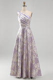 Vestido formal Maxi Jacquard de un hombro en línea A y fruncido color lavanda polvoriento