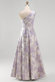 Vestido formal Maxi Jacquard de un hombro en línea A y fruncido color lavanda polvoriento