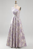 Vestido formal Maxi Jacquard de un hombro en línea A y fruncido color lavanda polvoriento