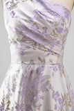 Vestido formal Maxi Jacquard de un hombro en línea A y fruncido color lavanda polvoriento