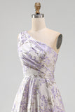 Vestido formal Maxi Jacquard de un hombro en línea A y fruncido color lavanda polvoriento