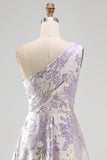 Vestido formal Maxi Jacquard de un hombro en línea A y fruncido color lavanda polvoriento