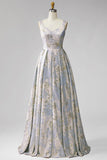 Vestido Jacquard largo plisado gris azul, cuello en V y línea en A