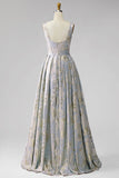 Vestido Jacquard largo plisado gris azul, cuello en V y línea en A
