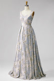 Vestido Jacquard largo plisado gris azul, cuello en V y línea en A