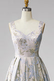 Vestido Jacquard largo plisado gris azul, cuello en V y línea en A