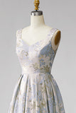 Vestido Jacquard largo plisado gris azul, cuello en V y línea en A