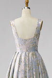 Vestido Jacquard largo plisado gris azul, cuello en V y línea en A