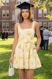 Vestido de graduación mini A Line Mini Fine Yellow Floral Neck con cinturón