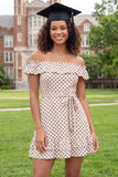 Mini vestido de graduación blanco blanco con volantes y volantes de puntos negros descubiertos con cinturón