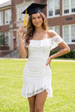 Mini vestido de graduación bodycon encaje blanco de encaje descubierto con volantes