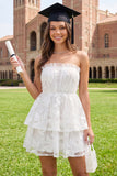 Mini vestido de graduación blanco blanco de línea A floral fruncido y descubierto