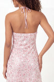 Mini vestido de graduación de lentejuelas rosa brillante en línea A con cuello halter