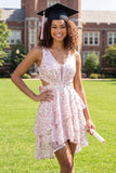 Vestido de graduación mini graduación de lentejuelas con lazos blanco blanco rosa y brillante