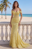 Corsé Sirena con encaje del hombro, vestido largo largo amarillo de baile