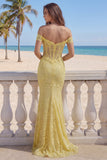 Corsé Sirena con encaje del hombro, vestido largo largo amarillo de baile