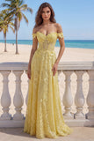 Vestido largo de graduación largo de corsé amarillo de encaje con línea de hombros en forma de A