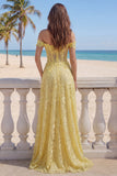 Vestido largo de graduación largo de corsé amarillo de encaje con línea de hombros en forma de A