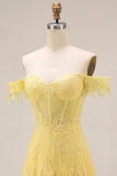 Vestido largo de graduación largo de corsé amarillo de encaje con línea de hombros en forma de A
