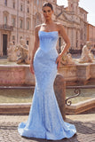 Vestido largo de graduación de graduación de perlas sin tirantes azul sirena de satén adornado