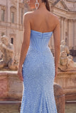 Vestido largo de graduación de graduación de perlas sin tirantes azul sirena de satén adornado