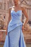 Vestido largo de graduación de fin de curso con adornos de perlas de satén azul sirena y perlas