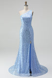 Vestido largo largo de graduación azul con cuentas y sirena adornada con perlas, con una hombro y abertura